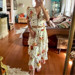 Farm Rio Nanaju Blouse (XS) and Midi Skirt (S) | Tropical Polka Dot 2-Piece Set